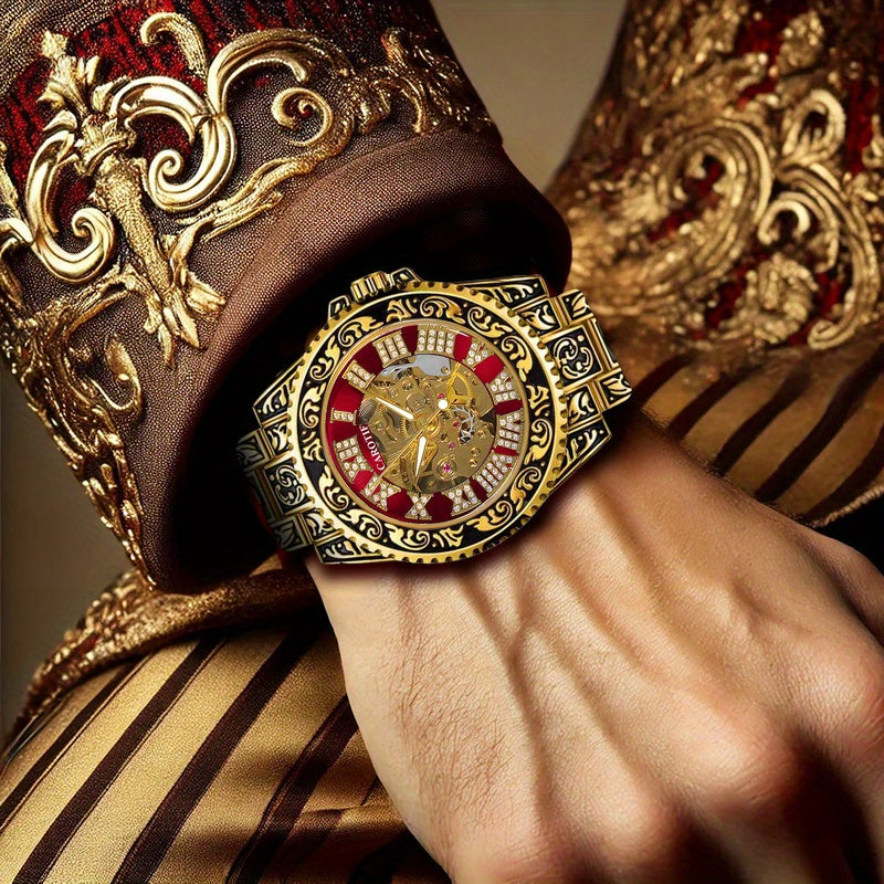 1pc Men'S Red Steel Belt Watch Featuring a Retro Design, Unique Fashion, And Luminous Carved Mechanical Elements, Without Battery