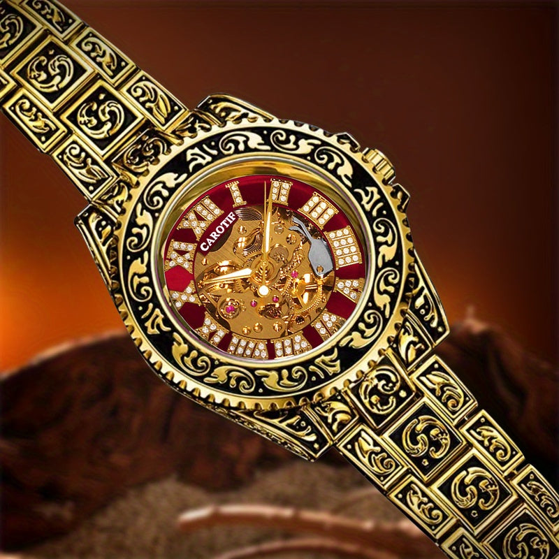 1pc Men'S Red Steel Belt Watch Featuring a Retro Design, Unique Fashion, And Luminous Carved Mechanical Elements, Without Battery