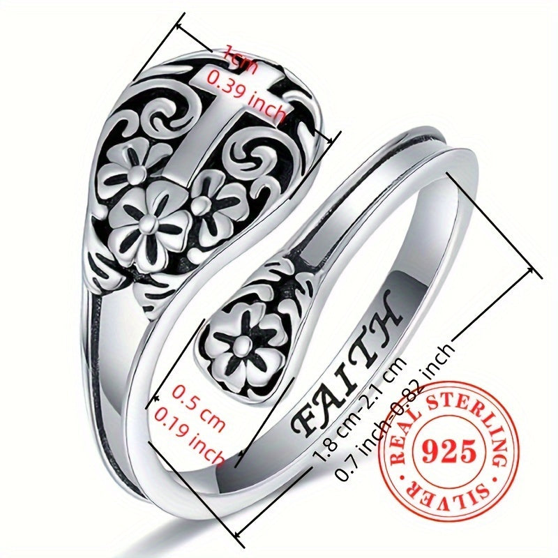 925 Sterling 925 Silver Adjustable Bohemian Faith Ring, Vintage Floral Cross Design Show Retro Boho Style, Jewelry Gift for Women Ladies