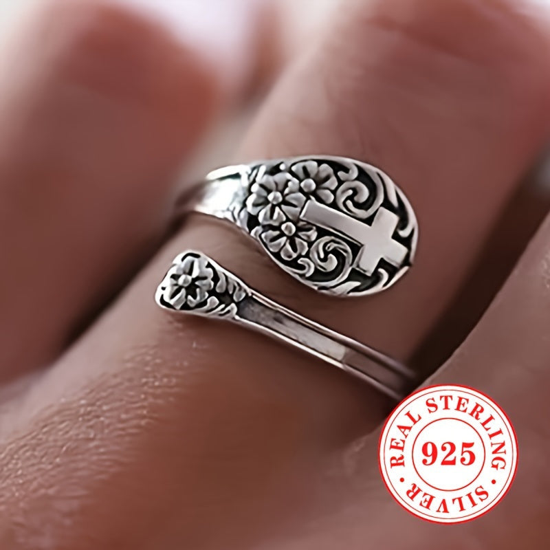 925 Sterling 925 Silver Adjustable Bohemian Faith Ring, Vintage Floral Cross Design Show Retro Boho Style, Jewelry Gift for Women Ladies