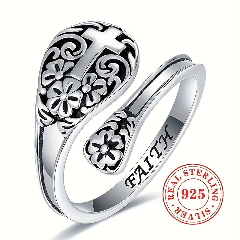 925 Sterling 925 Silver Adjustable Bohemian Faith Ring, Vintage Floral Cross Design Show Retro Boho Style, Jewelry Gift for Women Ladies