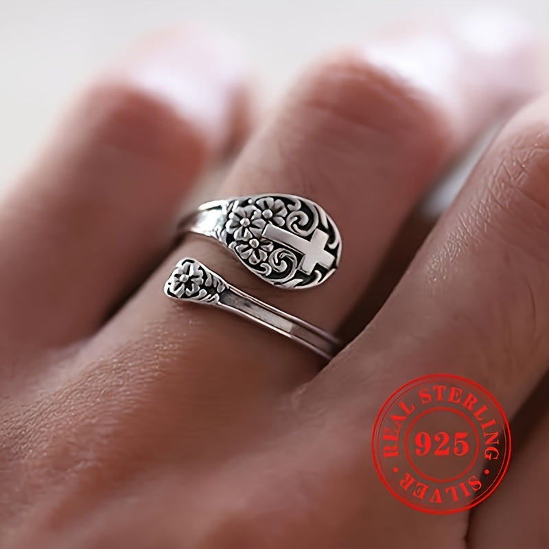 925 Sterling 925 Silver Adjustable Bohemian Faith Ring, Vintage Floral Cross Design Show Retro Boho Style, Jewelry Gift for Women Ladies