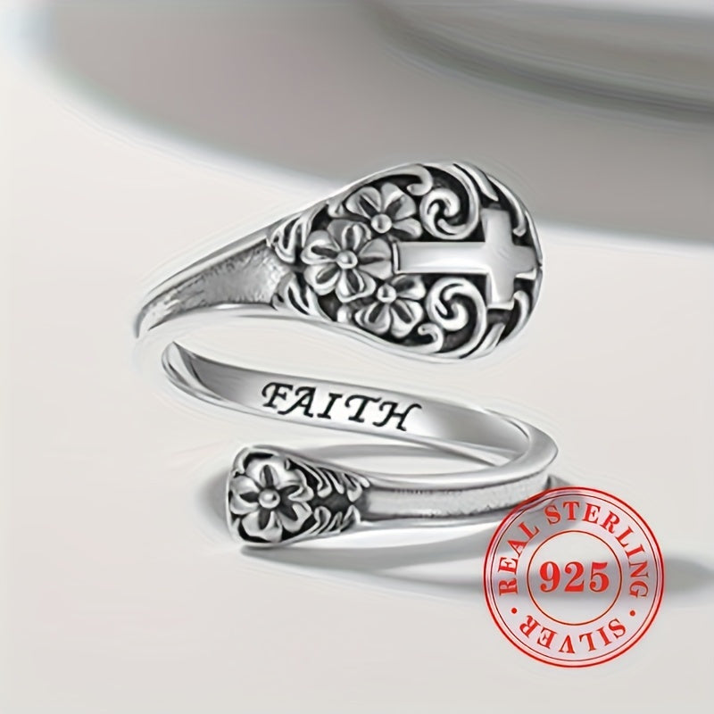 925 Sterling 925 Silver Adjustable Bohemian Faith Ring, Vintage Floral Cross Design Show Retro Boho Style, Jewelry Gift for Women Ladies