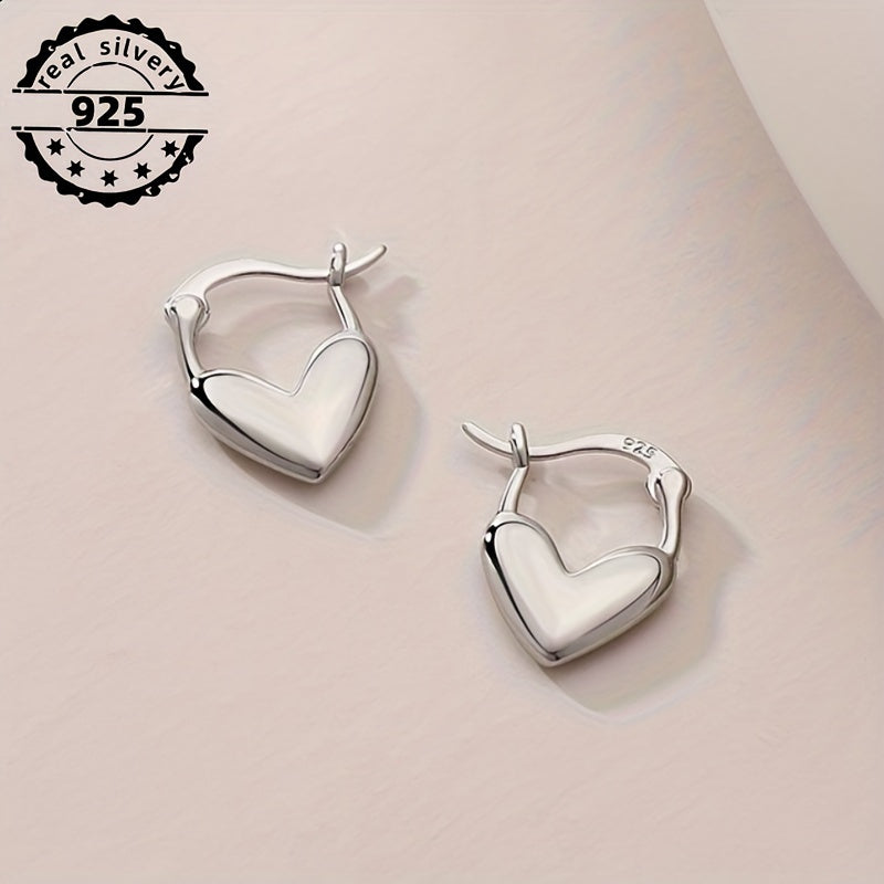 1Pair 925 Sterling Silver Heart-Shaped Hoop Earrings, Unisex Boho Retro Style, Love Jewelry for Gift