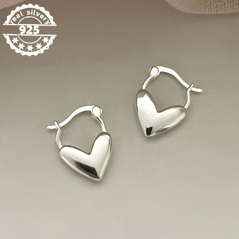 1Pair 925 Sterling Silver Heart-Shaped Hoop Earrings, Unisex Boho Retro Style, Love Jewelry for Gift