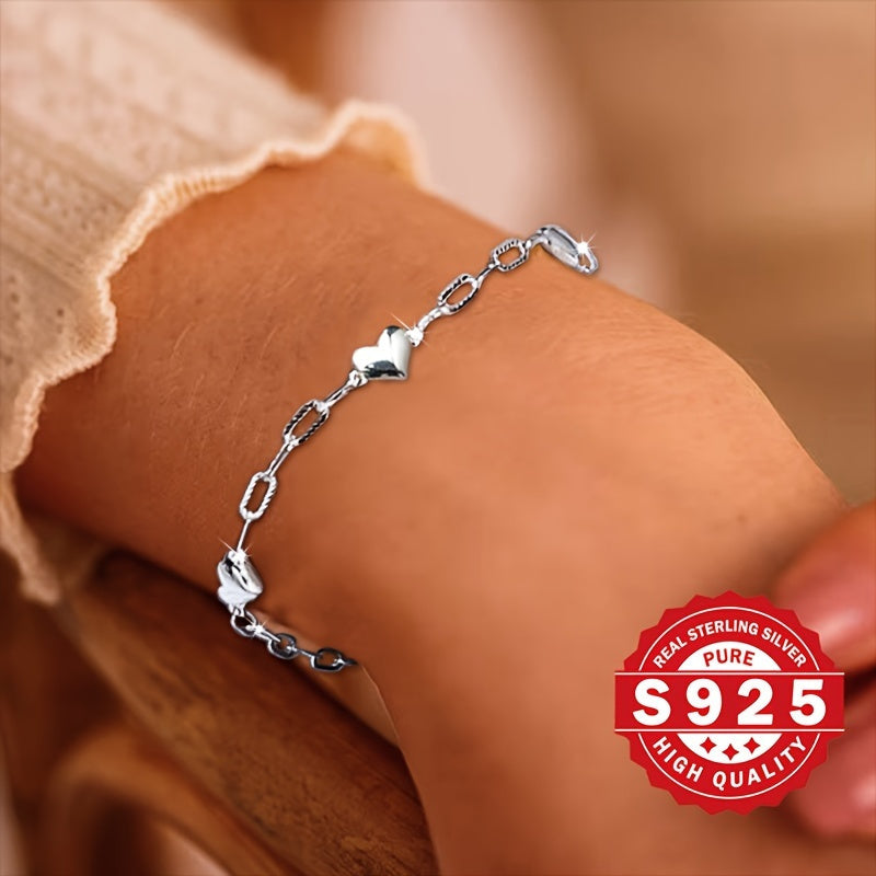 Sterling Silver 925 Bracelet For Women, 3D Heart Link Chain, Figaro Clasp, Elegant & Cute Style, Simple & Delicate Jewelry