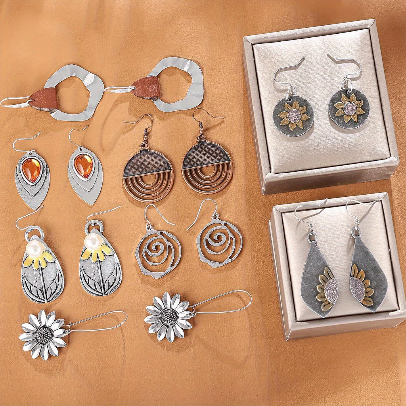 9 Pairs Bohemian Retro Earrings - Wooden, Leather, Geometric, Circular, Sunflower Designs | Women's Christmas & Birthday Gifts