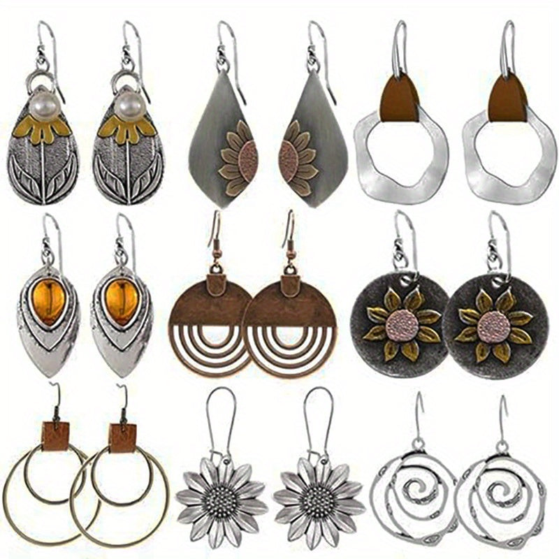 9 Pairs Bohemian Retro Earrings - Wooden, Leather, Geometric, Circular, Sunflower Designs | Women's Christmas & Birthday Gifts