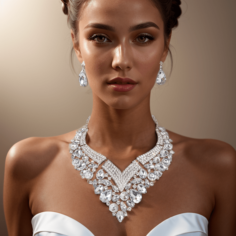 Rhinestone Necklace and Earring Set for Women - Elegant Crystal Set - White, Blue, Golden - Perfect Bridal Accessories for Wedding Day & Bridesmaids - Ideal for Special Formal Occasions - Gift for Brides