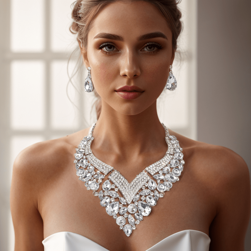 Rhinestone Necklace and Earring Set for Women - Elegant Crystal Set - White, Blue, Golden - Perfect Bridal Accessories for Wedding Day & Bridesmaids - Ideal for Special Formal Occasions - Gift for Brides
