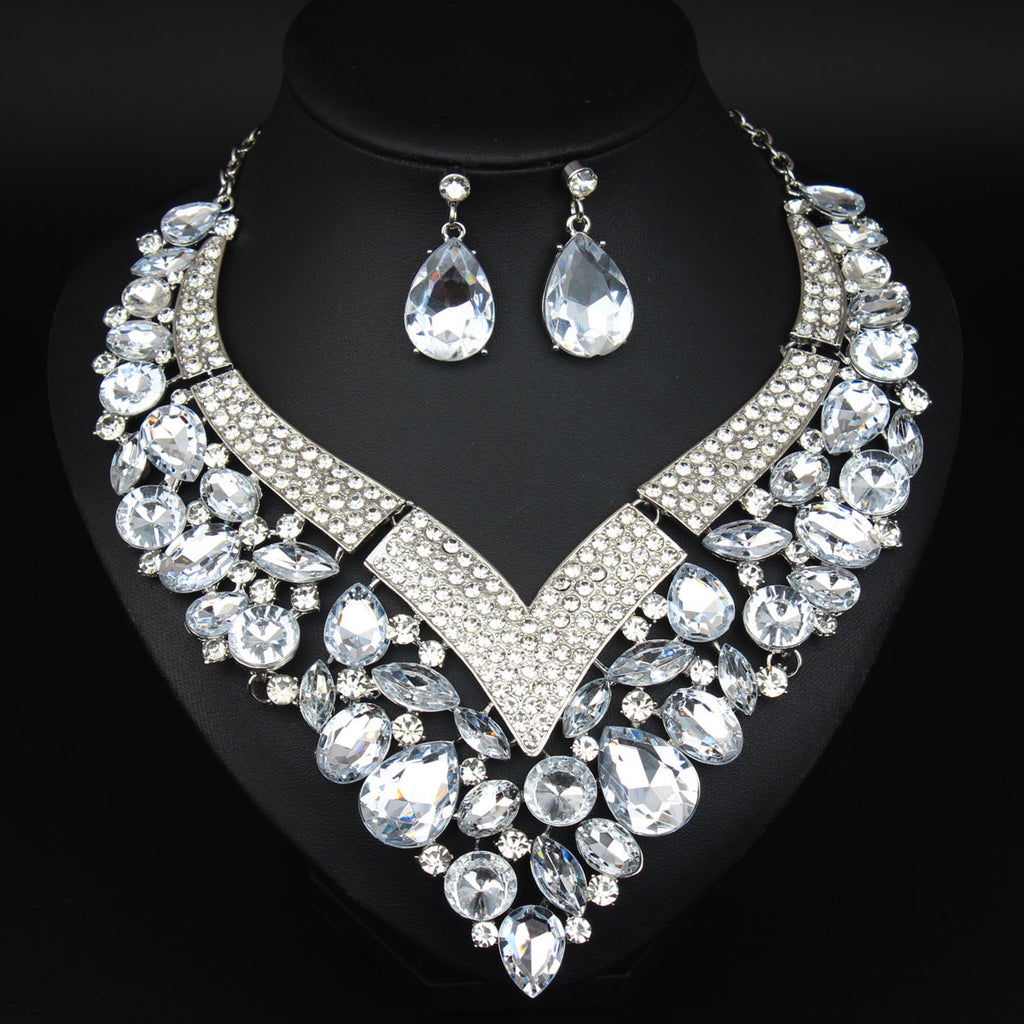 Rhinestone Necklace and Earring Set for Women - Elegant Crystal Set - White, Blue, Golden - Perfect Bridal Accessories for Wedding Day & Bridesmaids - Ideal for Special Formal Occasions - Gift for Brides