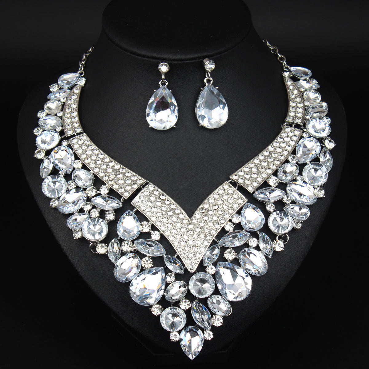 Rhinestone Necklace and Earring Set for Women - Elegant Crystal Set - White, Blue, Golden - Perfect Bridal Accessories for Wedding Day & Bridesmaids - Ideal for Special Formal Occasions - Gift for Brides