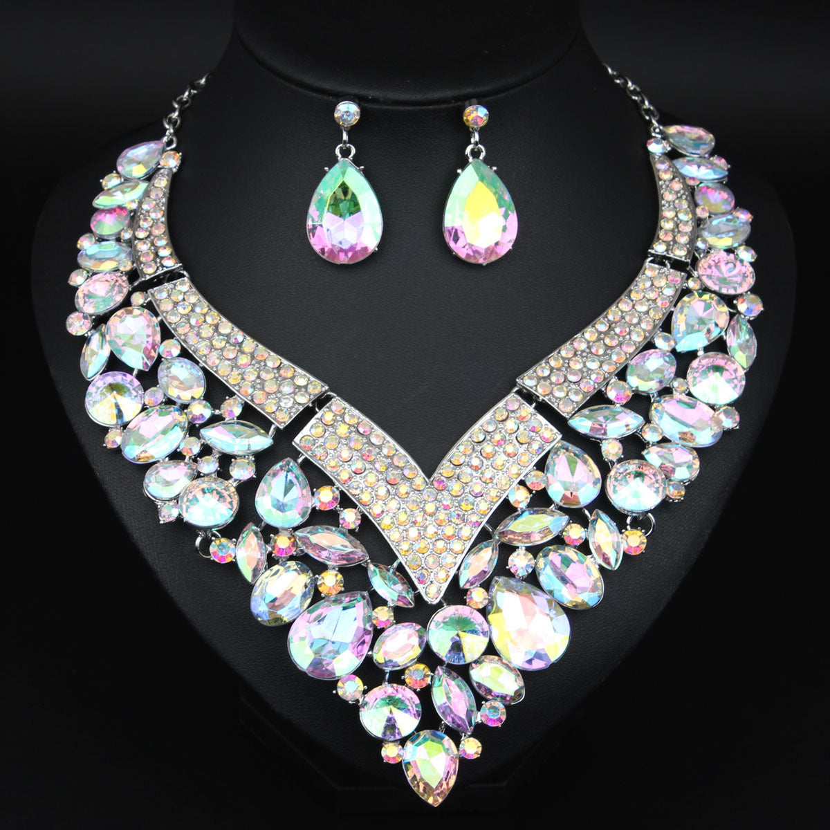 Rhinestone Necklace and Earring Set for Women - Elegant Crystal Set - White, Blue, Golden - Perfect Bridal Accessories for Wedding Day & Bridesmaids - Ideal for Special Formal Occasions - Gift for Brides