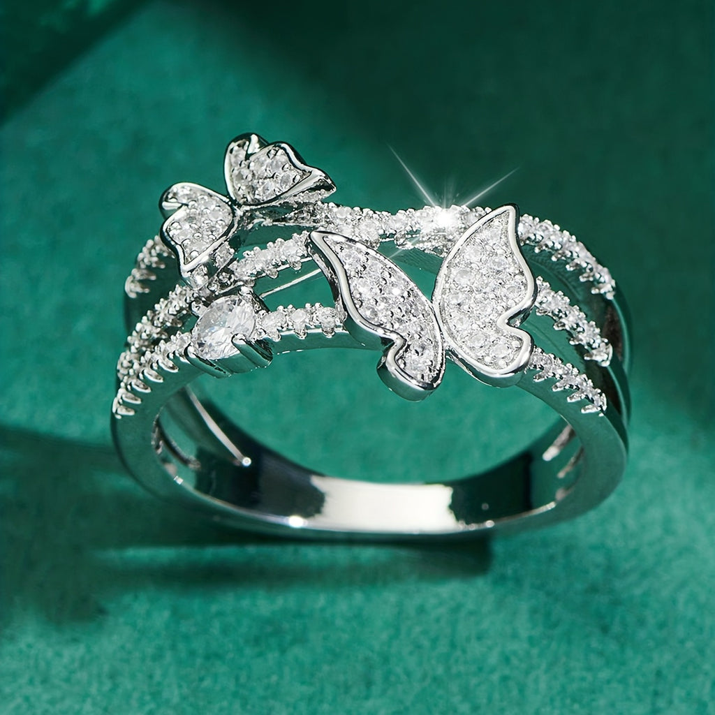 925 Siver Exquisite Ring with Multi-layer Design, Featuring A Cute Butterfly Encrusted with Sparkling Synthetic Synthetic Zirconia On The Band. Available In Various Sizes, Perfect for Pairing with Everyday Outfits, Symbolizing Romance And Beauty.