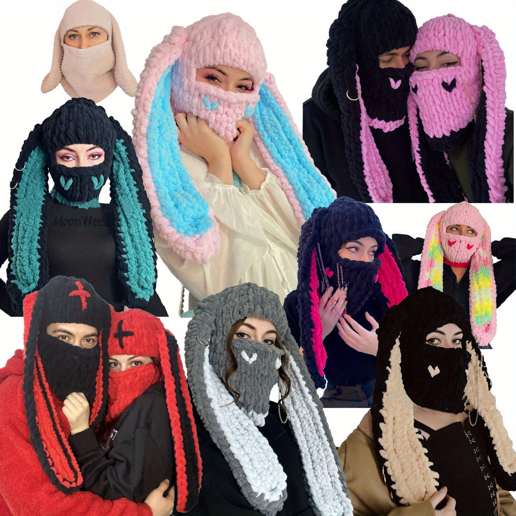 Wool Punk Sweet Cool Style Hood Bunny Ears Mask Hood Sweet Cool Hottie Hand- Thickened Warm Hat Ladies Novelty Hat