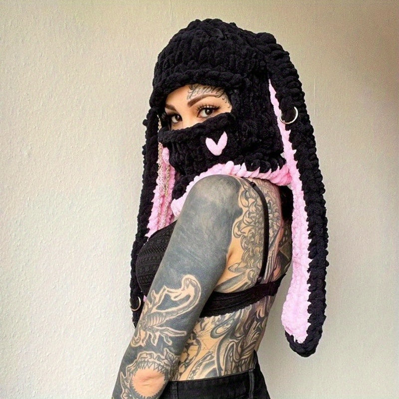 Wool Punk Sweet Cool Style Hood Bunny Ears Mask Hood Sweet Cool Hottie Hand- Thickened Warm Hat Ladies Novelty Hat