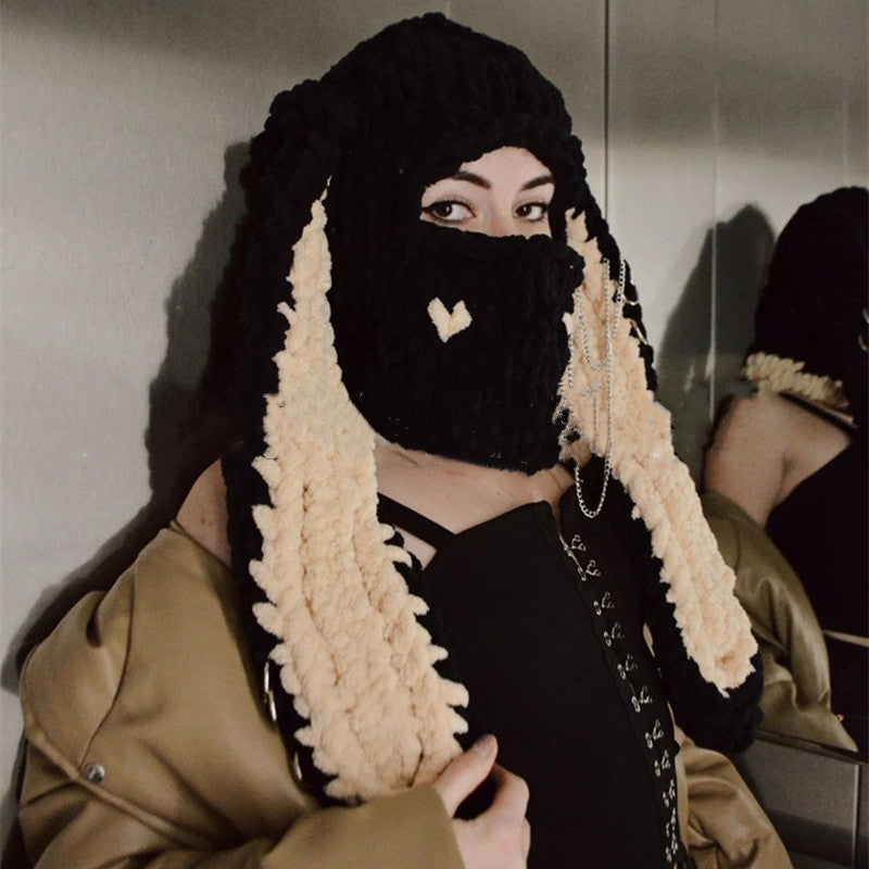 Wool Punk Sweet Cool Style Hood Bunny Ears Mask Hood Sweet Cool Hottie Hand- Thickened Warm Hat Ladies Novelty Hat