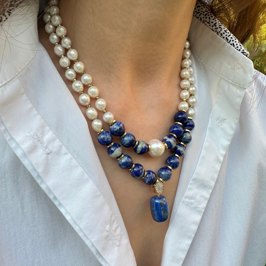 Lapis Lazuli Necklace Pearl Handmade Dark Blue Necklace