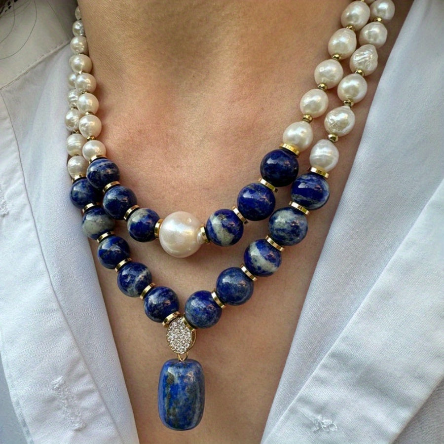 Lapis Lazuli Necklace Pearl Handmade Dark Blue Necklace
