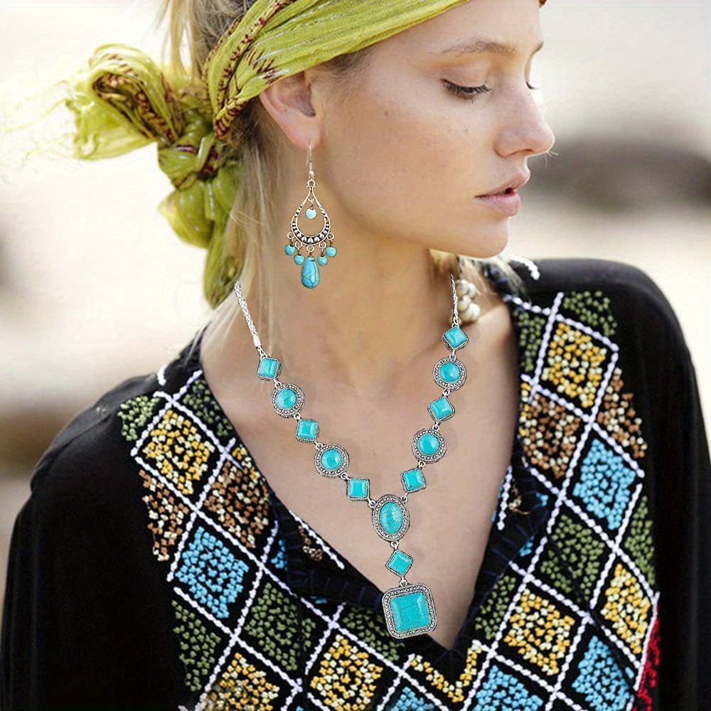 Set of Beaded Jewelry Including a Round Necklace, Bracelet, And Earrings in Bohemian Turquoise