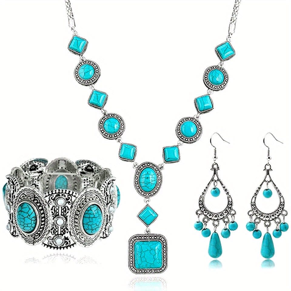 Set of Beaded Jewelry Including a Round Necklace, Bracelet, And Earrings in Bohemian Turquoise