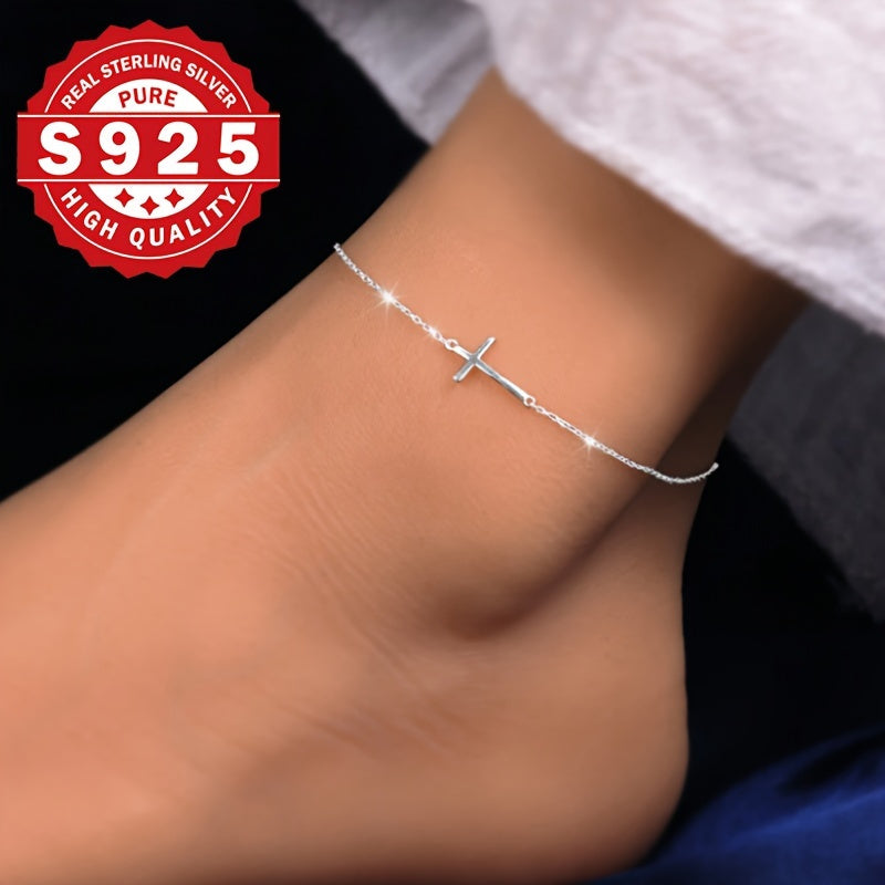 Sterling Silver 925 Minimalist Cross Anklet - Hypoallergenic, Classic Style, Simple Design, Durable, Long-Lasting, Nickel-Free, Lead-Free, Fashionable, Versatile, Casual Attire Jewelry for Women And