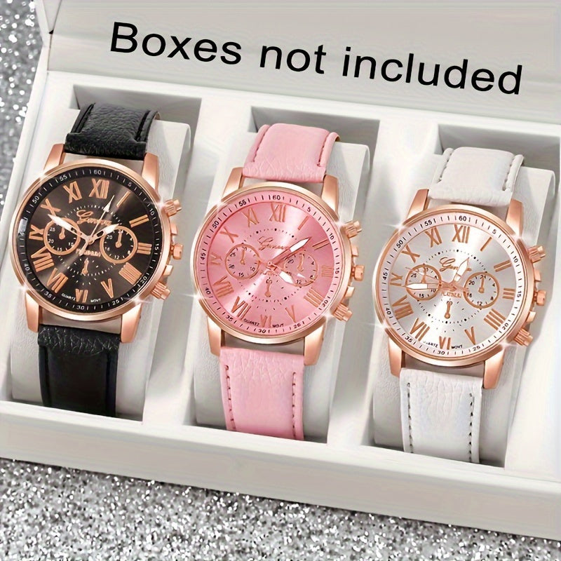 Set of 3 Stylish Roman Numeral Quartz Watches for Women - Trendy Round Face with Band, Ideal Gift Suggestion