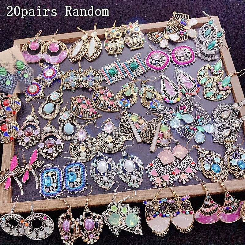 20 Pairs/ Pack Retro Ethnic Style Synthetic Zirconia Inlaid Copper Alloy Women'S Earrings Luxury Elegant Mixed Style Multi-Piece Set Earrings Party Wedding Daily Wear Jewelry Random Delivery OPP Bag Packaging