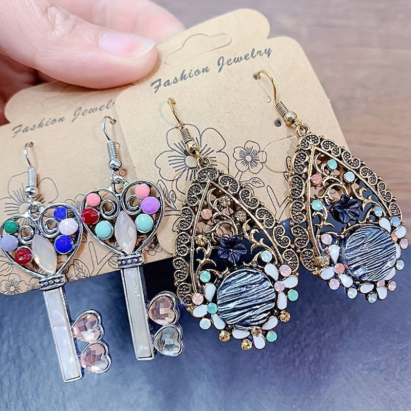 20 Pairs/ Pack Retro Ethnic Style Synthetic Zirconia Inlaid Copper Alloy Women'S Earrings Luxury Elegant Mixed Style Multi-Piece Set Earrings Party Wedding Daily Wear Jewelry Random Delivery OPP Bag Packaging