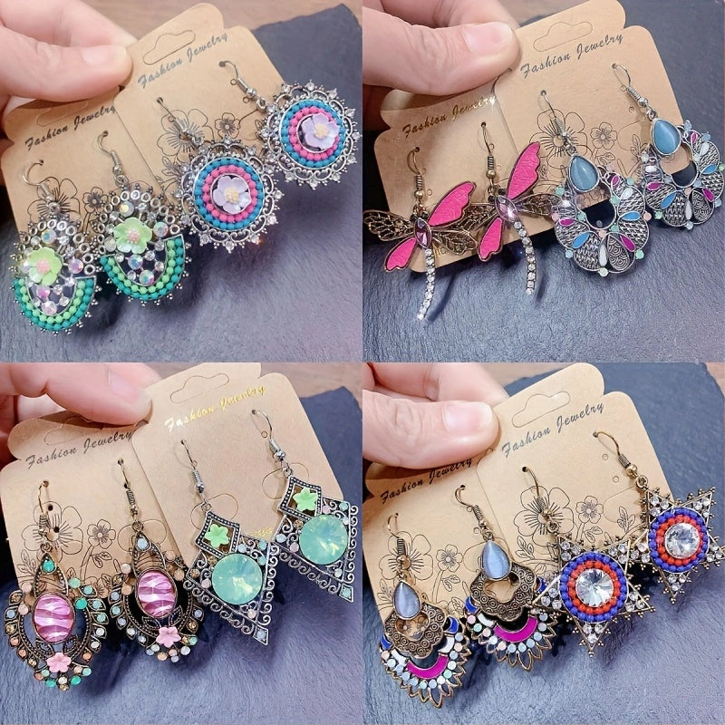 20 Pairs/ Pack Retro Ethnic Style Synthetic Zirconia Inlaid Copper Alloy Women'S Earrings Luxury Elegant Mixed Style Multi-Piece Set Earrings Party Wedding Daily Wear Jewelry Random Delivery OPP Bag Packaging