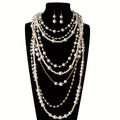 Chic Boho Layered Imitation Pearl Long Necklace, Perfect for Casual And Party Looks, Stylish Sweater Chain Accessory