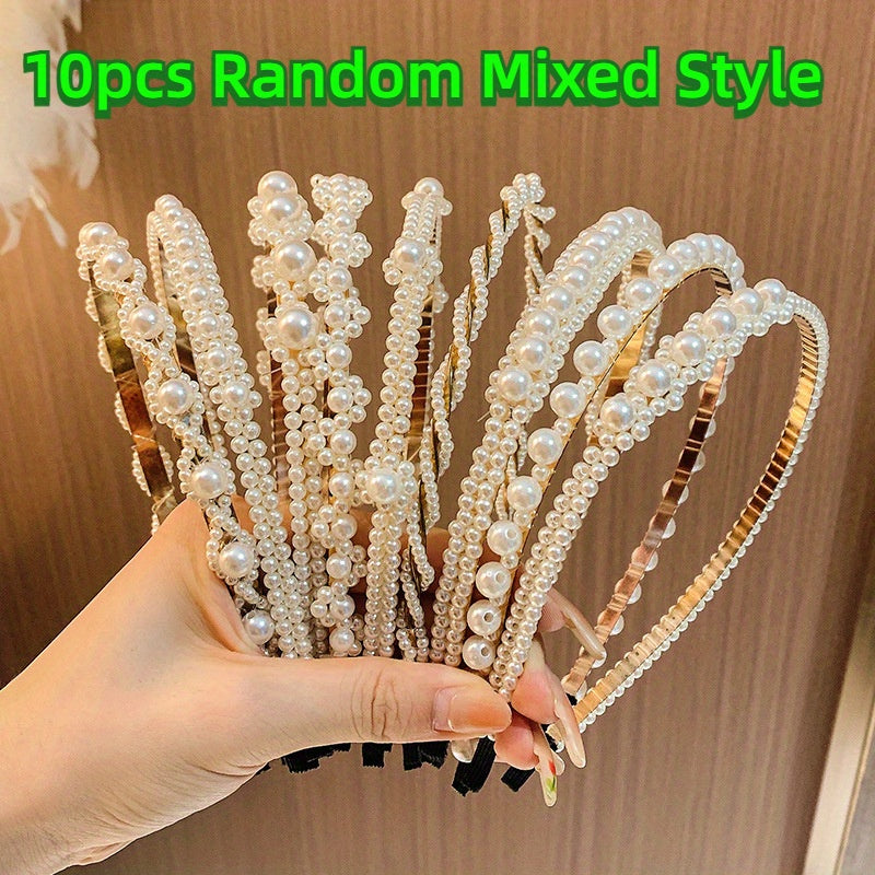 Set of 10 Elegant And Easy Imitation Pearl Hair Bands Featuring Different Styles, Perfect for Parties, Everyday Hairstyles, And Outfits. These Hair Accessory Sets Are Ideal Gifts for Women And, with a Random Mix of 10pcs