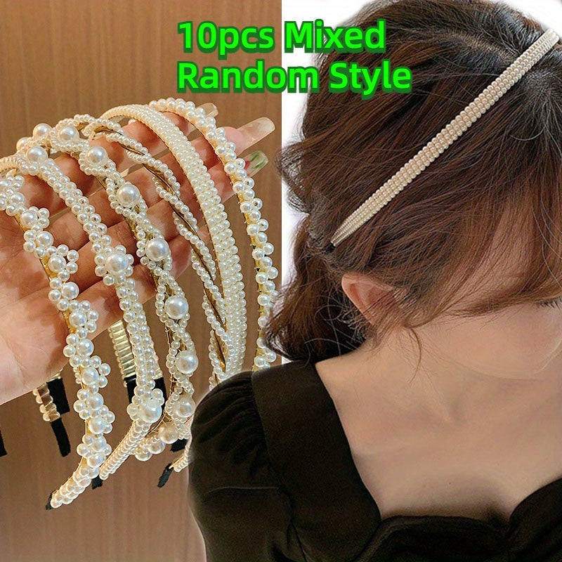 Set of 10 Elegant And Easy Imitation Pearl Hair Bands Featuring Different Styles, Perfect for Parties, Everyday Hairstyles, And Outfits. These Hair Accessory Sets Are Ideal Gifts for Women And, with a Random Mix of 10pcs