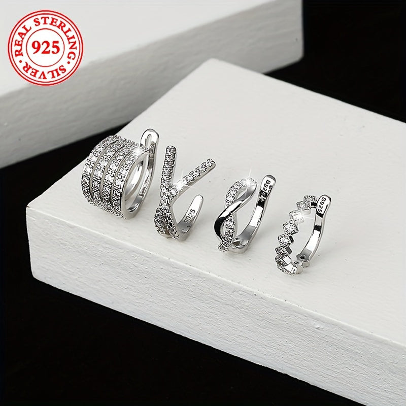 [Ideal Gift] Elegant And Luxury Style, 925 Sterling Silvery Multi-Prong Design, Inlay Shiny Clip On Earrings, Fashion Delicate Accessory For Daily Wear And Party, Ideal Gift For Ladies, Weight 0.14Oz