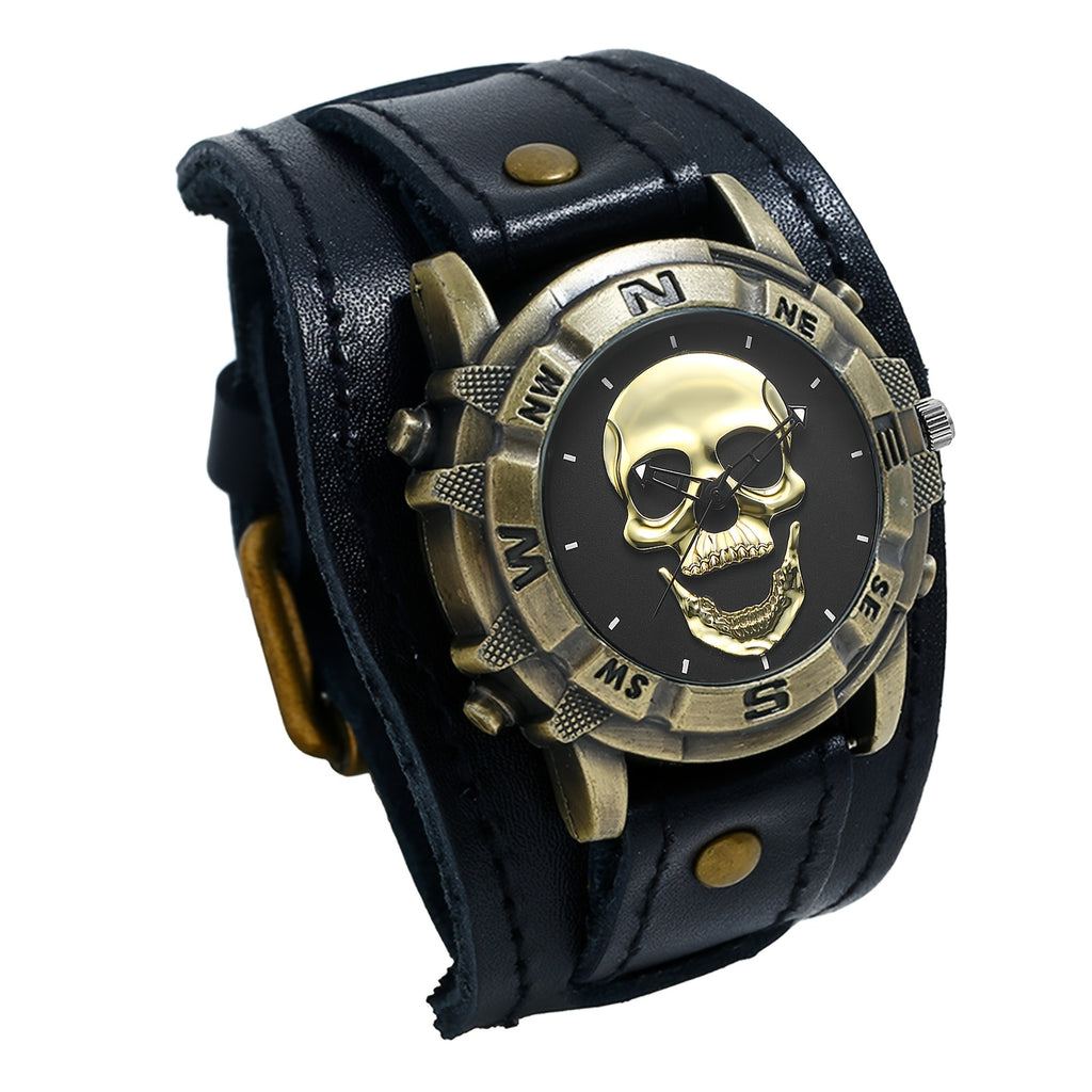Steampunk Men's Analog Quartz Skull Watch, Vintage Halloween Biker Watch, Round Case, Wide Leather Strap, Bar Scale, Suitable for Casual, Biker Party, Halloween Party Wear, Memorial Day Christmas Birthday Gift