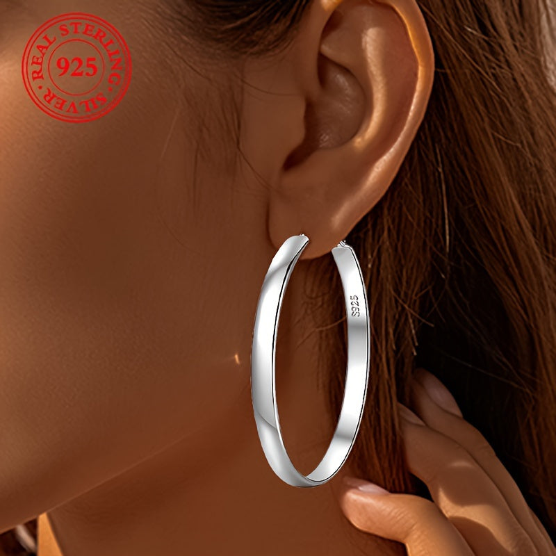 [Elegant Silver Hoops] 1pair 925 Sterling Silver Hoop Earrings, Elegant & Simple Style, Fashionable Large Plain Circle Earrings, Geometric Statement Jewelry Accessory Gifts For Women