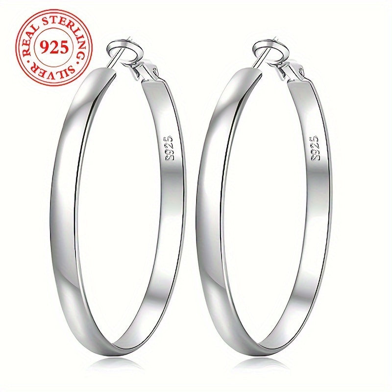 [Elegant Silver Hoops] 1pair 925 Sterling Silver Hoop Earrings, Elegant & Simple Style, Fashionable Large Plain Circle Earrings, Geometric Statement Jewelry Accessory Gifts For Women