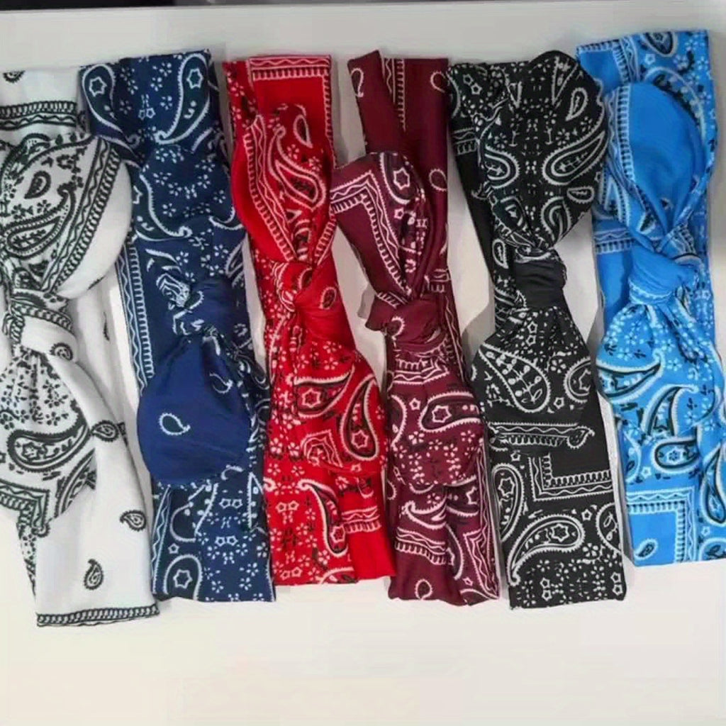6pcs Bohemian Cashew Flower Women'S Bow Elastic Sports Headbands - Loose Elastic Headscarves, 6 Colors (Sky Blue/ Black/ Navy/ Wine Red/ White/ Red) Suitable for All Seasons, Outdoor And Daily Wear