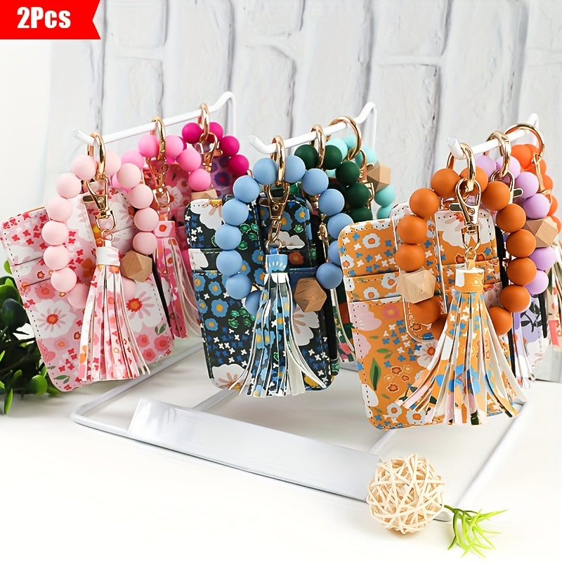 2pcs/set Of Flower Printed PU Coin Purse, Bead Wrist Key Ring, Tassel Card Bag, Small Floral Keychain, Bohemian Style Wallet, Key Ring, Holiday Gift, Gift for Friends, Gift for Mom