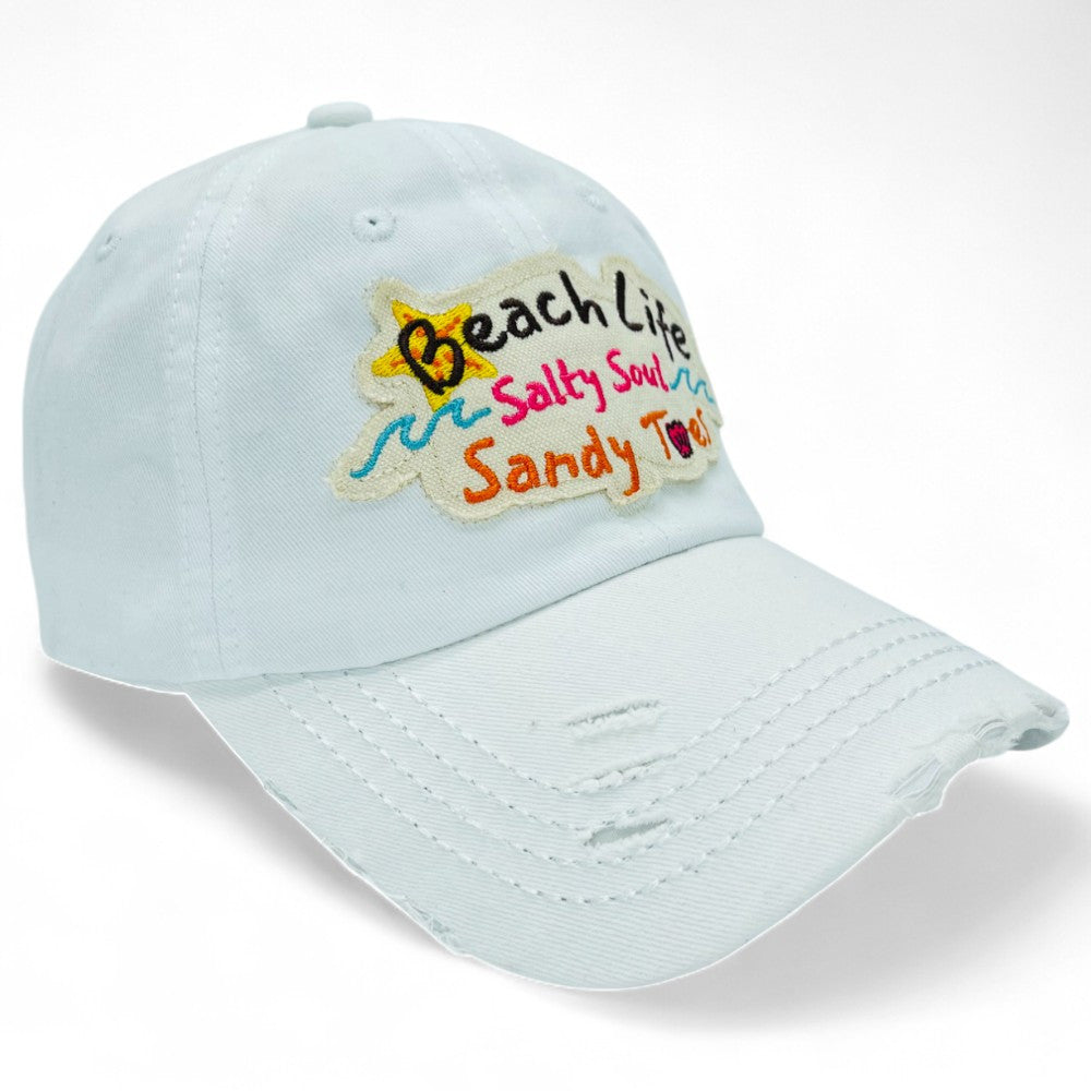 "Beach Life Salty Soul Sandy Toes" Baseball Cap-Local Artist Designed, Vintage, Distressed, Embroidered, 100% Cotton, UV Protection, Adjustable