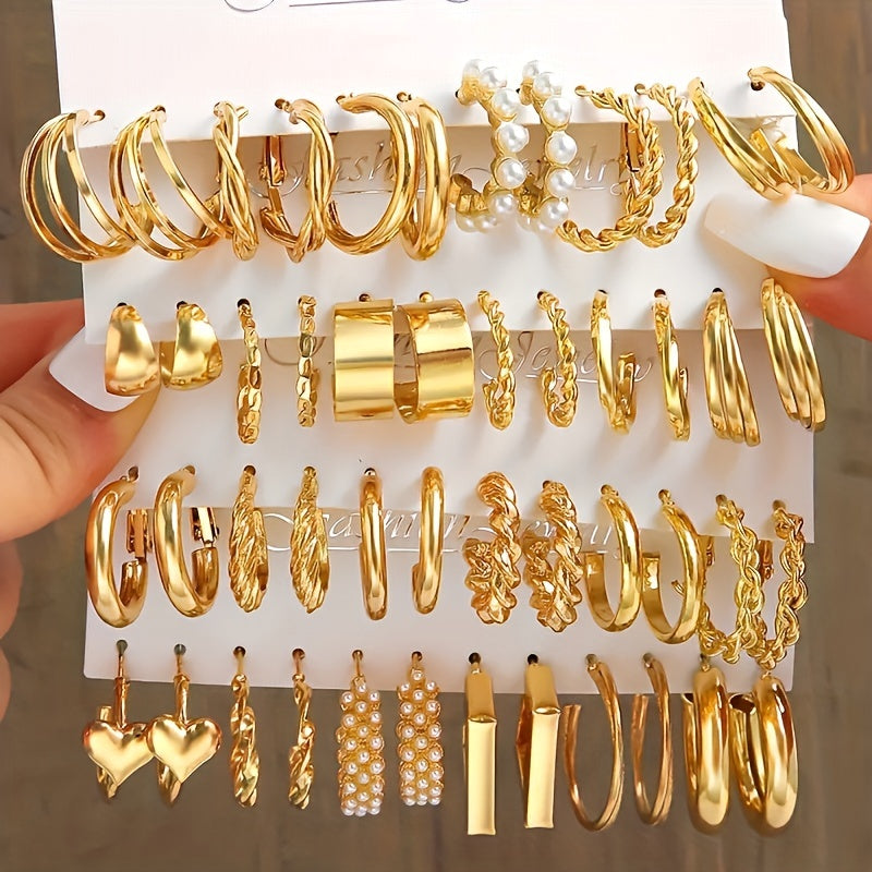Golden A Set Of 48 Simple And Elegant Golden Geometric Twisted Love Imitation Pearl Earrings For Ladies, Suitable For Vacation Dates, Daily Wear, And Gifts