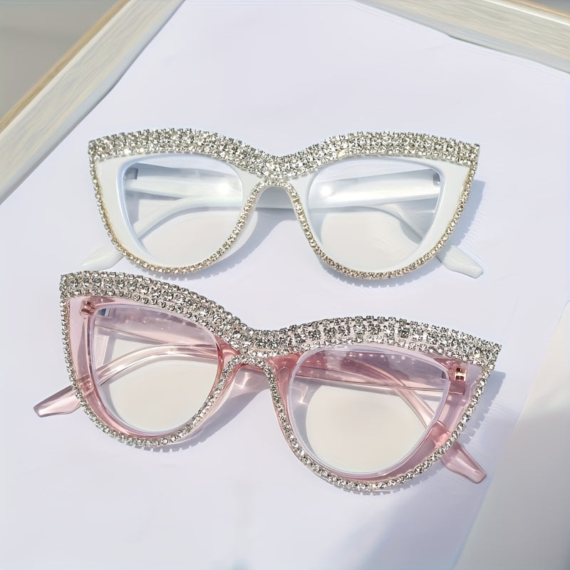 2pcs Cat-Eye Blue Light Blocking Reading Glasses for Women | Rhinestone Decor PC Frames | Versatile for Home Office & Party Wear | A Great Holiday Gift for Girlfriend/Mother