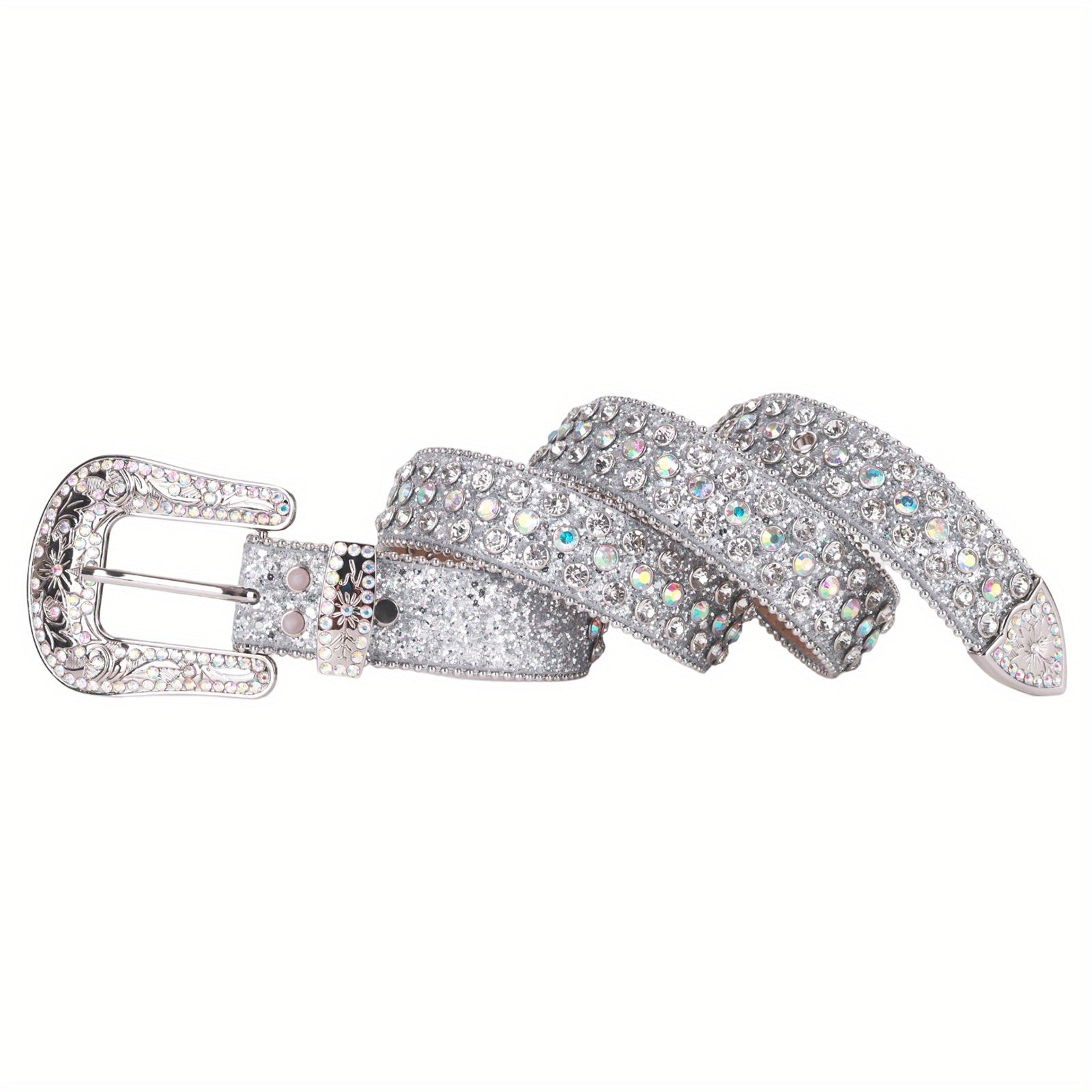 Silvery Sparkle Rhinestone Belts Women'S Luxury Bling Bling Carved Buckle Belt Punk Cowgirl Cowboy Crystal Studded Belts for Jeans
