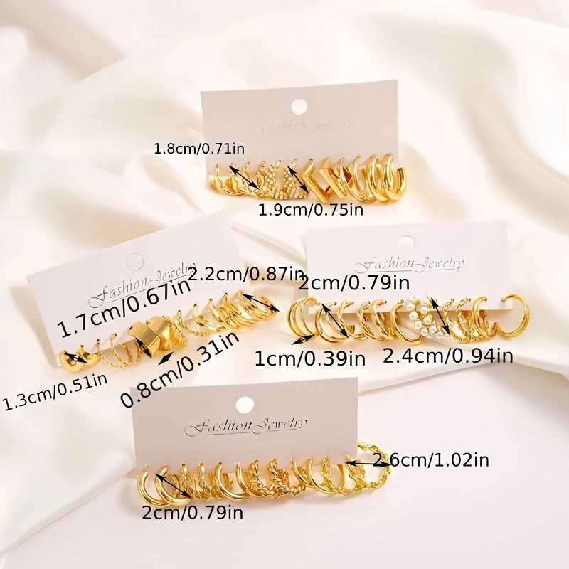 Golden A Set Of 48 Simple And Elegant Golden Geometric Twisted Love Imitation Pearl Earrings For Ladies, Suitable For Vacation Dates, Daily Wear, And Gifts