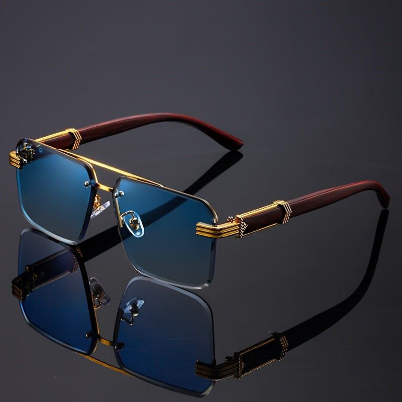 5 Pack  Double Bridge Rimless Glasses - Unisex Wooden Temple Lightweight Polycarbonate, Stylish Statement Eyewear for Parties & Fashion Lovers