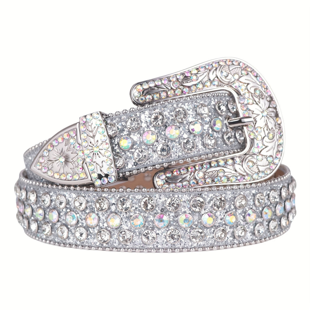 Silvery Sparkle Rhinestone Belts Women'S Luxury Bling Bling Carved Buckle Belt Punk Cowgirl Cowboy Crystal Studded Belts for Jeans