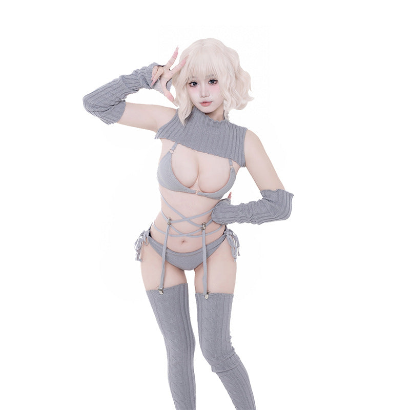 F-236 Backless Sweater Japanese-Style Cosplay Otaku-Magnet Sexy Turtleneck Socks, Gloves & Strappy Sweater Set
