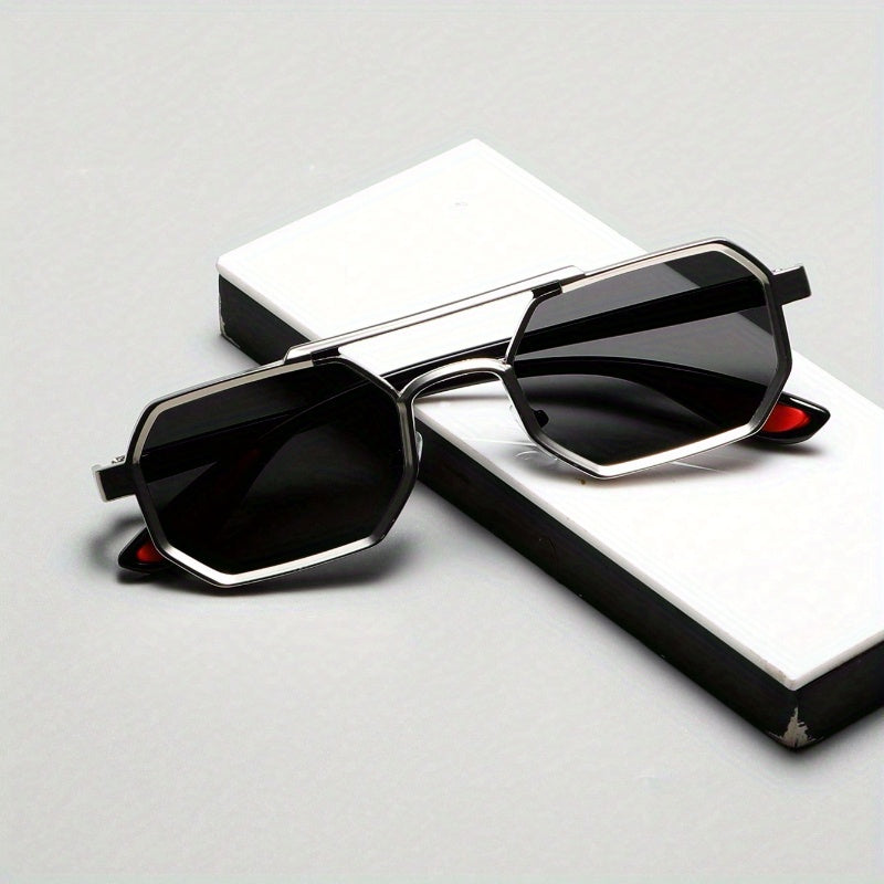 1pc Geometric Metal Frame Sunglasses with Double Bridge - Unisex Fashion Eyewear with AC Lenses for Casual Looks