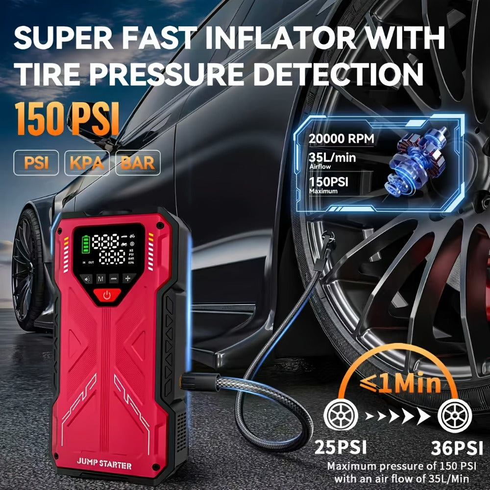 Jump Starter with Air Compressor, Portable Car Jump Starter, 5000A&7000APeak, Jump Starter Battery Pack With150PSI Digital Tire Inflator, Car Battery Jump Starter for 10.L Gas Or 2.38gal Diesel Fast Charging USB Output, LED Emergency Lighting