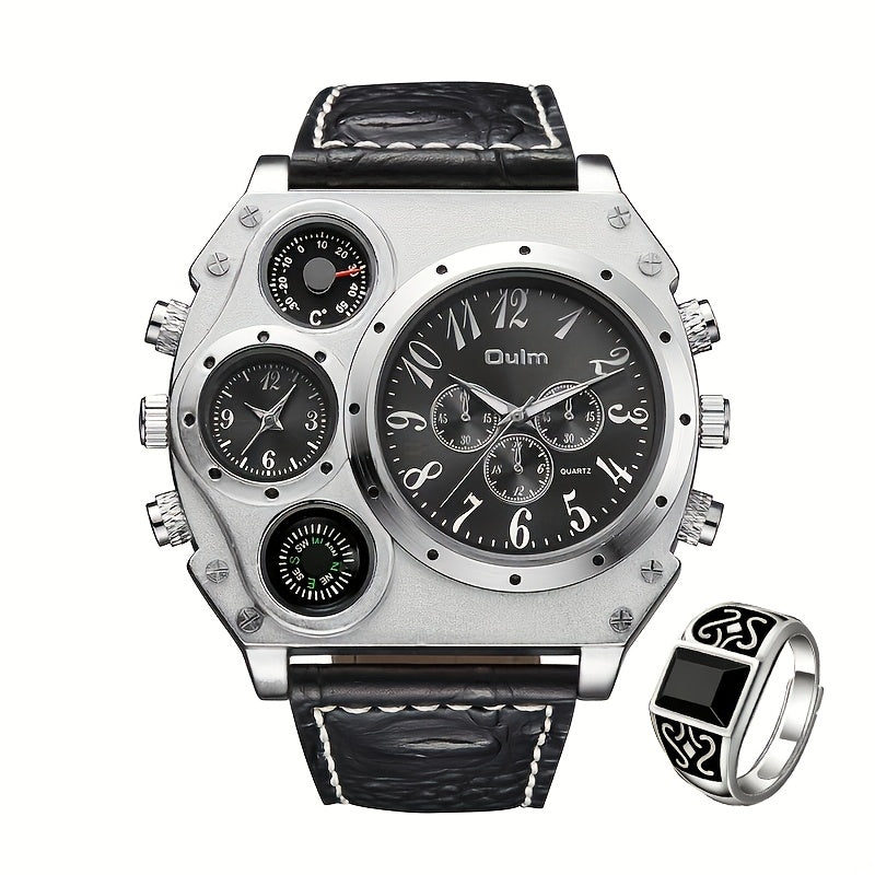[Dual Time Zone Watch] 2pcs Domineering Men's Dual Time Zone Sports Watch Ring Set Multi-function Quartz Watch with Ring